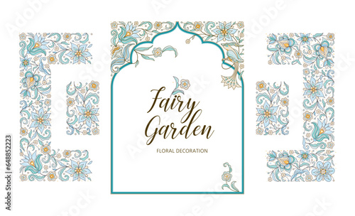 Vector flower square frame, floral A4 page size frame, corner vignettes, border, card design template. Elements in Eastern style. Floral borders, flower illustration. Ethnic Isolated ornament