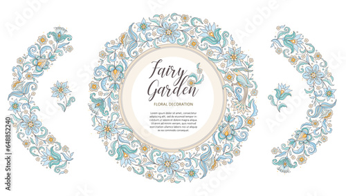 Vector flower circle frame, floral half-round frame, vignettes, border, card design template. Elements in Eastern style. Floral borders, flower silhouette illustration.  Ethnic ornamental decoration