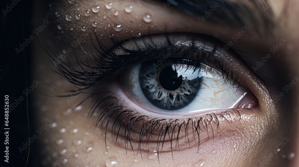 closeup of dry eye with water drops - obrazy, fototapety, plakaty 