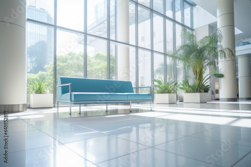 Minimalist modern hospital lobby with sofa in background of beautiful sunlight and sunshine. Hospital concept for treatment and medical treatment. © cwa