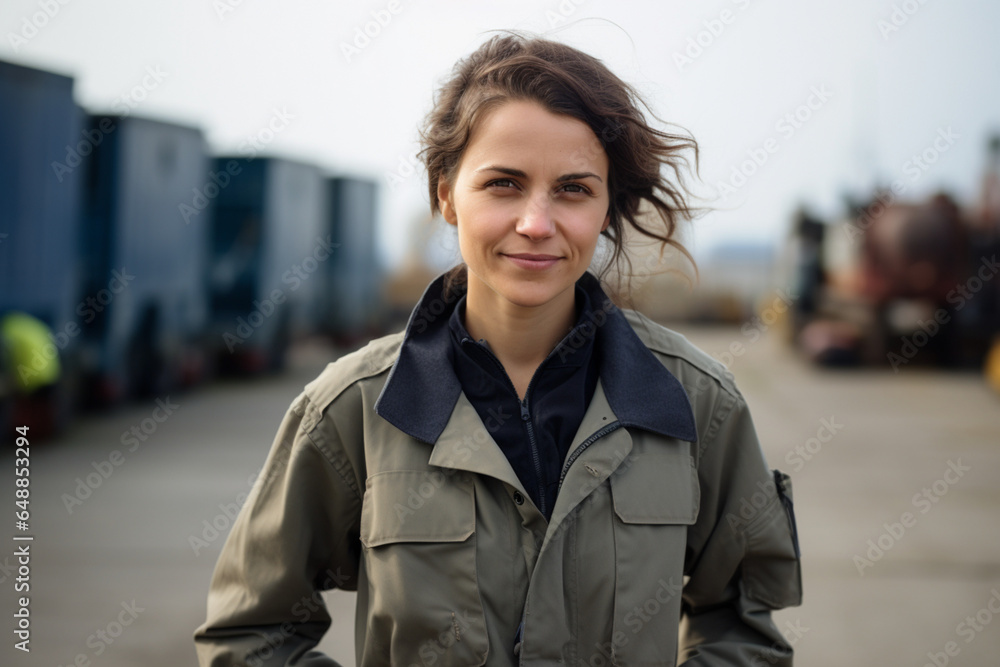 Portrait of a woman in workwear standing on a commercial dock Portrait of a woman in workwear standing on a commercial dock