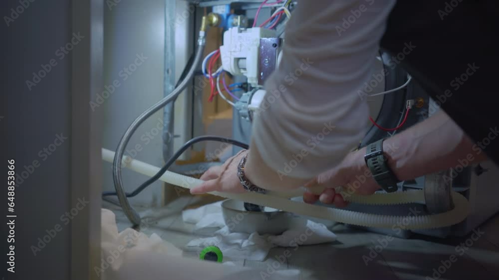 Worker repair dishwasher in the kitchen. He change pump of dishwasher. Appliance repair. Worker repair dishwasher in the kitchen. He change pump of dishwasher. Appliance repair.