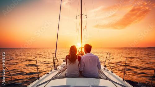 Young Couple Embracing a Relaxing Yacht Cruise - Basking in the Bliss of a Summertime Vacation on the Open Sea - Luxurious Travel and Memorable Holidays