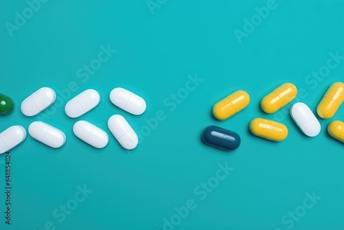 Medicine pills or capsules on green background