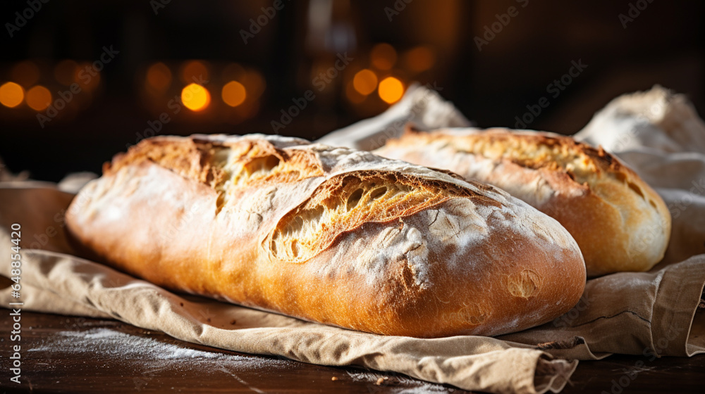 Ciabatta bread, Italian artisanal delight. Rustic, with a crisp, flour-dusted crust, and a soft, airy interior, perfect for sandwiches or olive oil dipping.