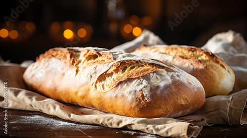 Ciabatta bread, Italian artisanal delight. Rustic, with a crisp, flour-dusted crust, and a soft, airy interior, perfect for sandwiches or olive oil dipping.