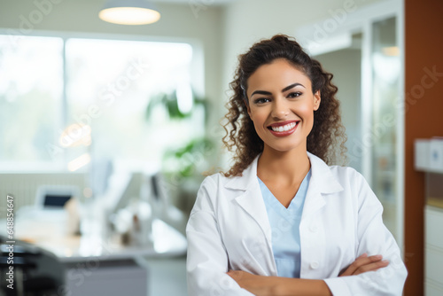 Portrait of a happy Latin American female dentist working at her office and looking at the camera smiling - healthcare and medicine concepts