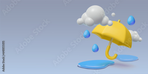 Rainy day scene with 3D yellow umbrella, wet puddles, clouds and raindrops. Monsoon Season horisontal background creative design with copy space for banners, sales and promotions.