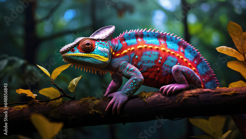 colorful chameleon on branch in a forest