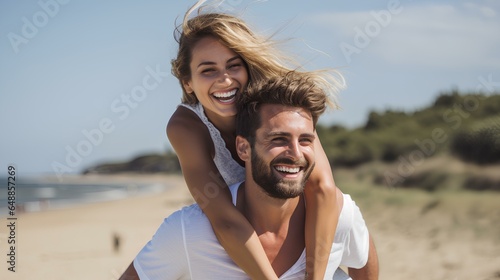Tela Couple enjoys a piggyback ride at the beach in summer