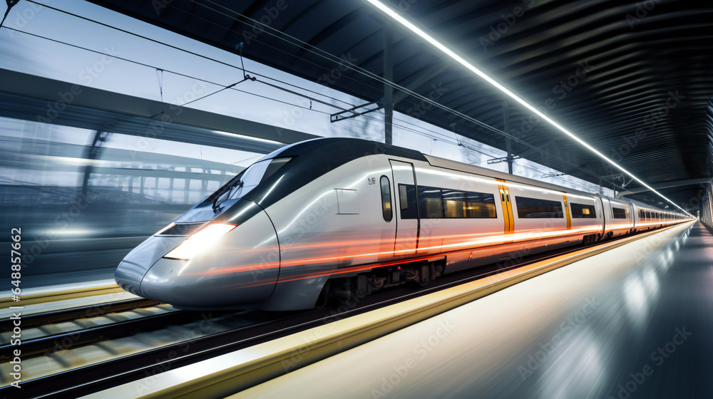 Naklejka premium ultra modern train in motion blur arriving at a station