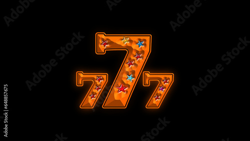777 Lucky Number, gold badge of 777, with precious stones, on black background
