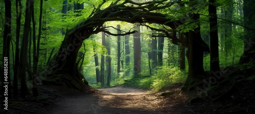 Natural archway shaped by branches in the forest