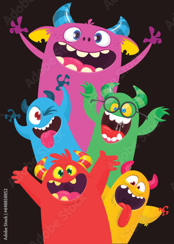   artoon monsters set. Halloween party invitation or poster design with different creatures celebrating. Vector illustration. Great for children holiday.