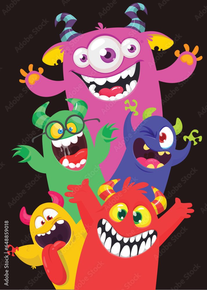 Сartoon monsters set. Halloween party invitation or poster design with different creatures celebrating. Vector illustration. Great for children holiday. Сartoon monsters set. Halloween party invitation or poster design with different creatures celebrating. Vector illustration. Great for children holiday.