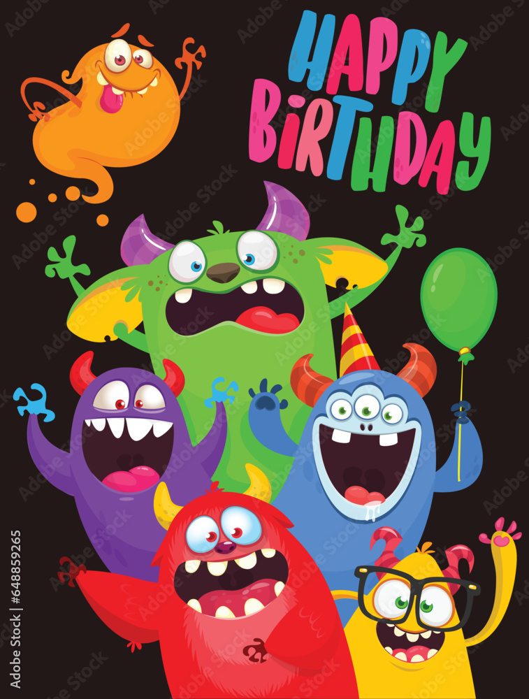 Сartoon monsters set. Birthday party invitation or poster design with different creatures celebrating. Vector illustration. Great for children holiday Сartoon monsters set. Birthday party invitation or poster design with different creatures celebrating. Vector illustration. Great for children holiday