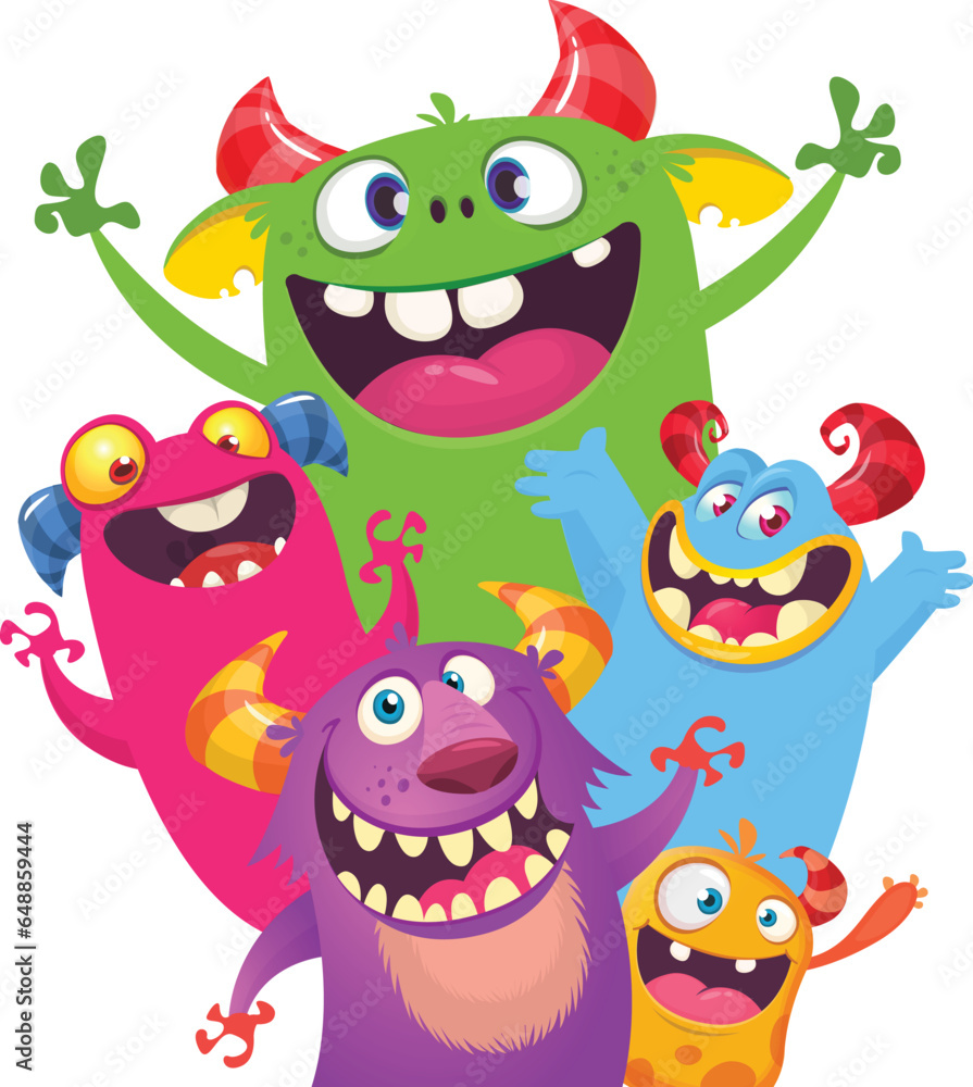 Fototapeta premium Сartoon monsters set. Halloween party invitation or poster design with different creatures celebrating. Vector illustration. Great for children holiday.