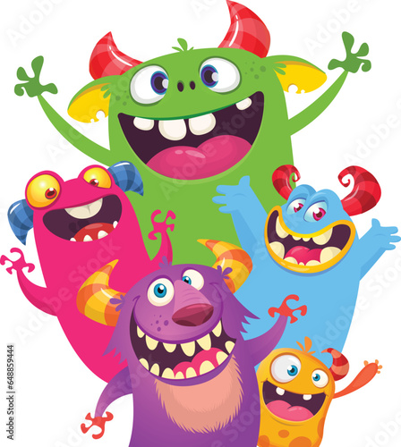   artoon monsters set. Halloween party invitation or poster design with different creatures celebrating. Vector illustration. Great for children holiday.