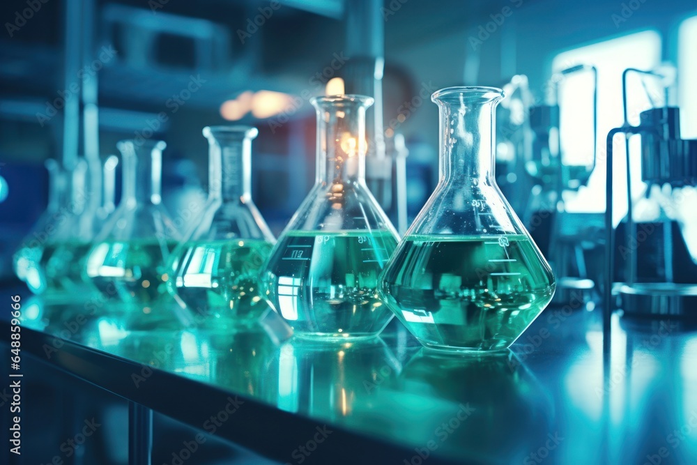 A row of glass flasks filled with green liquid. Can be used for scientific experiments or laboratory settings.