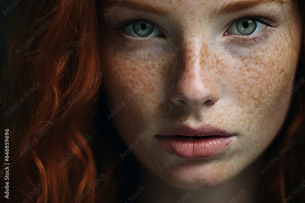 Low Key Dramatic Portrait of Red Haired Woman with Freckles Low Key Dramatic Portrait of Red Haired Woman with Freckles