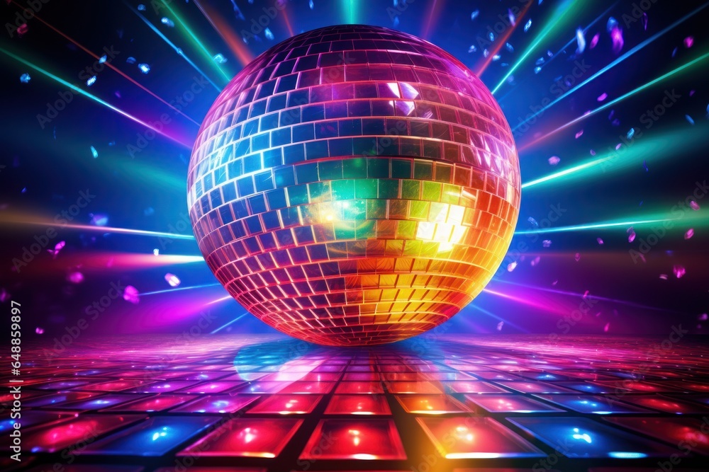 A vibrant disco ball with colorful lights in the background. Perfect for adding a lively and energetic atmosphere to any event or party. A vibrant disco ball with colorful lights in the background. Perfect for adding a lively and energetic atmosphere to any event or party.