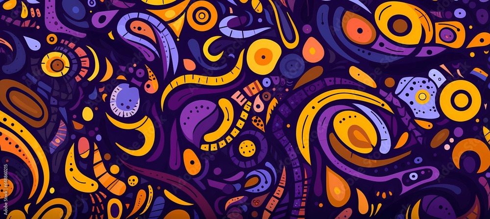 Colorful abstract art and patterns, in a unique doodle style, drak purple and yellow Colorful abstract art and patterns, in a unique doodle style, drak purple and yellow