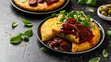 Spanish tortilla with spicy chorizo sausages in sauce