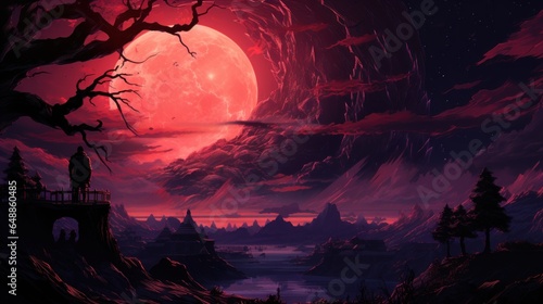 In the heart of purple obscurity, a red dragon basks in the luminescence of a pink moon