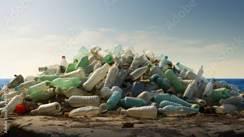 A collection of discarded plastic bottles washing up on a polluted shoreline photo