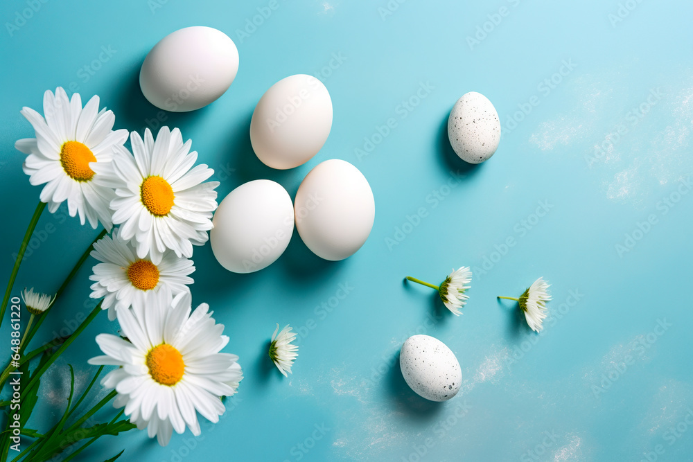 easter invitation with eggs and daisies on a blue easter invitation with eggs and daisies on a blue
