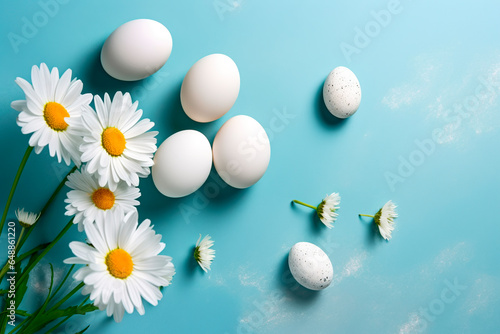 easter invitation with eggs and daisies on a blue