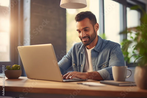 Happy businessman working on his laptop at home, Handsome businessman reading an email on his laptop at home, Freelance entrepreneur typing on his laptop at home, Virtual remote worker at home