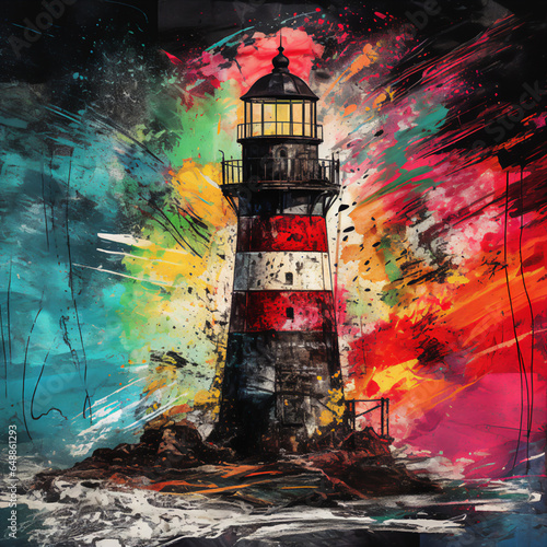 Grunge-Inspired Vibrantly Colored Distressed Lighthouse Illustration with Graffiti Art Influence and Worn-Out Texture