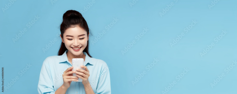 Happy asian woman feeling happiness and standing typing smartphone on blue background, Cute asia girl smiling wearing casual jeans shirt and connect internet shopping online and surfing Happy asian woman feeling happiness and standing typing smartphone on blue background, Cute asia girl smiling wearing casual jeans shirt and connect internet shopping online and surfing