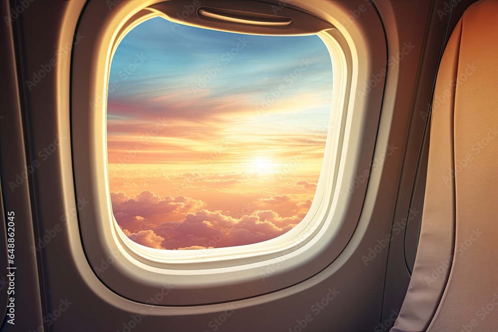 Airplane window with a view of sky and clouds. With clipping path around the inside of the window