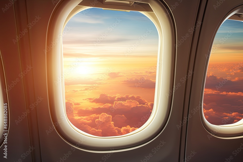 Airplane window with a view of sky and clouds. With clipping path around the inside of the window