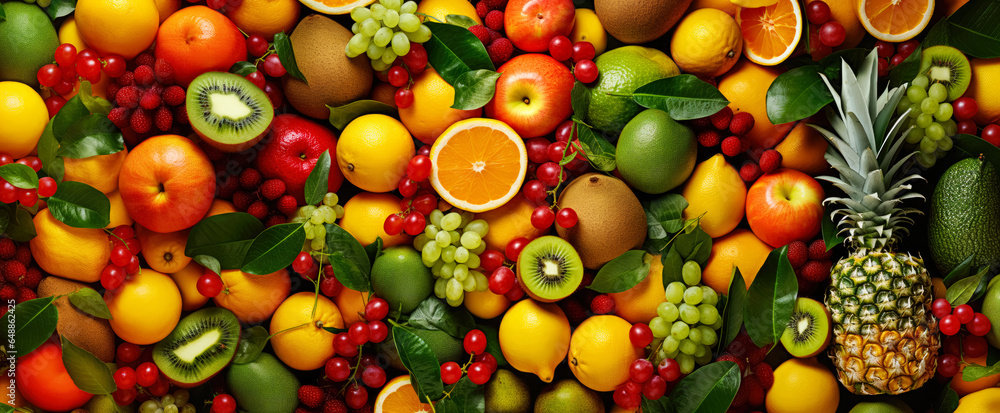Many fresh fruits mix, top down view from above. Generative AI Many fresh fruits mix, top down view from above. Generative AI