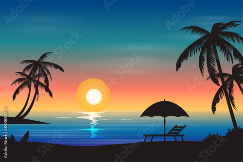 Fototapeta Naklejka Na Ścianę i Meble -  Gradient summer background with beach sunset and palm trees