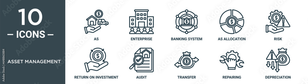asset management outline icon set includes thin line as, enterprise ...