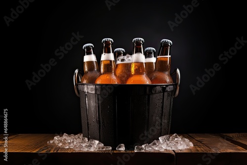 Bucket of beer bottle on the table with black background, highquality photo
