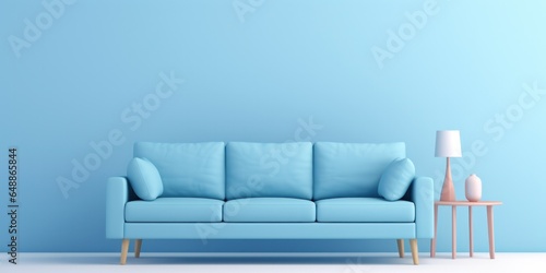 modern minimalistic living room, soft blue sofa on blue background room, generative AI