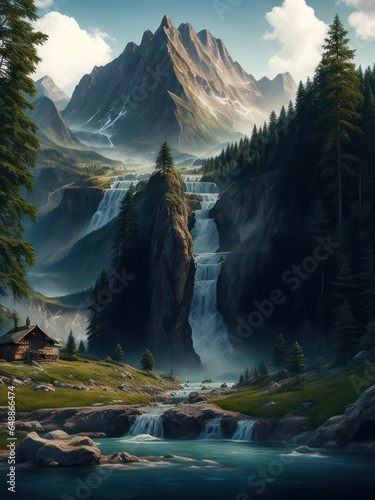 A mountain landscape with a waterfall and a lonely house. A cozy picture. 