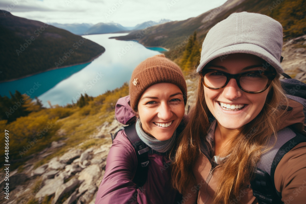 Daughter and Mother Taking Selfie While Hiking Along Alpine Lake