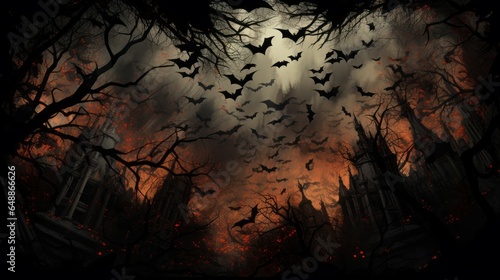 Halloween background with haunted house and bats flying in the night scary forest with full moon, vector illustration. Halloween background with bats flying in the night scary forest with full moon.