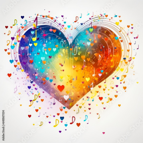 Beautiful wallpaper with colorful heart, music theme, abstract background, artificial intelligence music visualization, generated love music visualization. Love for music. Generative AI.