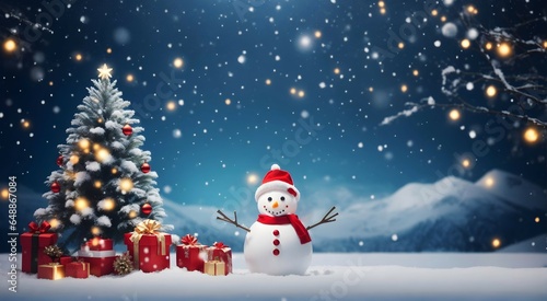Christmas festive background design, snowman, christmas tree and lights banner with copy space text, christmas card, invitation  © Hq Visual Studio