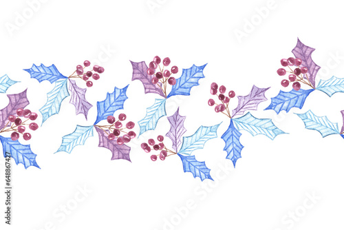 Frame border seamless made of Different shaped blue violet holly leaves with burgundy berries isolated on white. Watercolor aquarelle hand drawn design element for New year and X-mas christmas cards