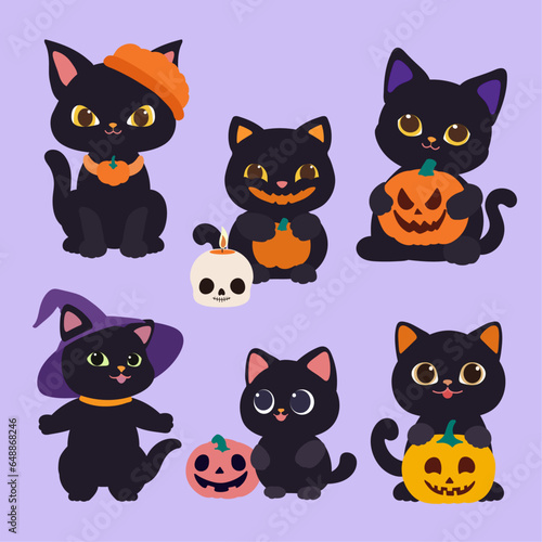 A set of vector black cats with a pumpkin for the Halloween holiday.Set of pumpkin cat. Collection kiiten with pumkin. Funny pets.