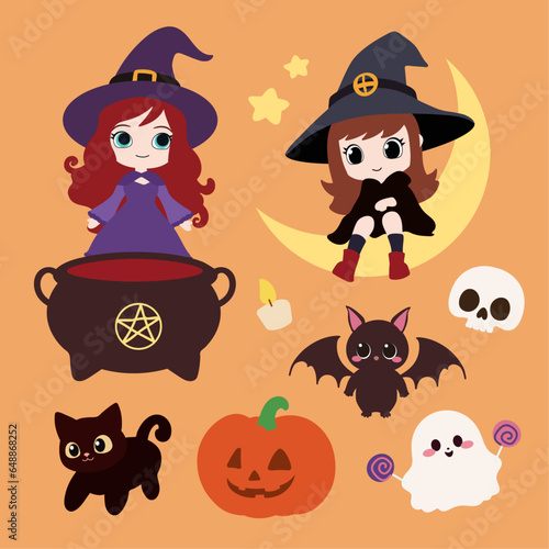 Halloween, cute witch set.Cute and funny Halloween illustrations set.