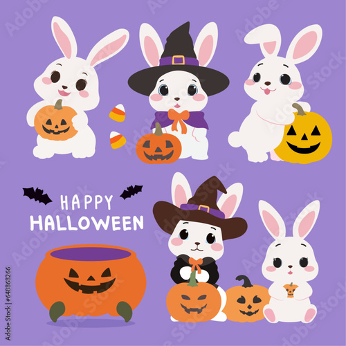 Collection of funny and cute happy kawaii rabbits for the Halloween holiday.Set of pumpkin bunny. Collection bunny with pumkin. Happy Halloween.